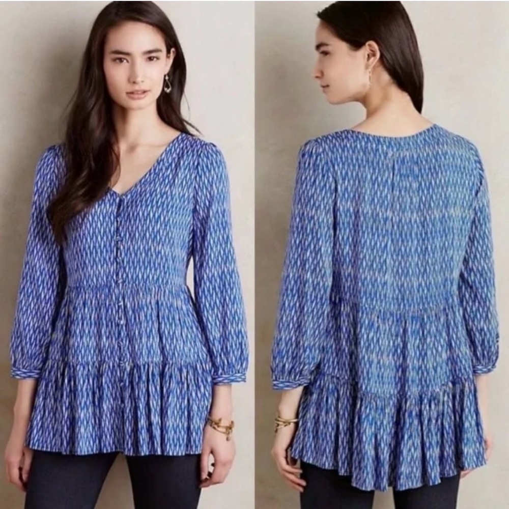 Anthropologie Maeve Lila Tiered Tunic Button Up Front Top